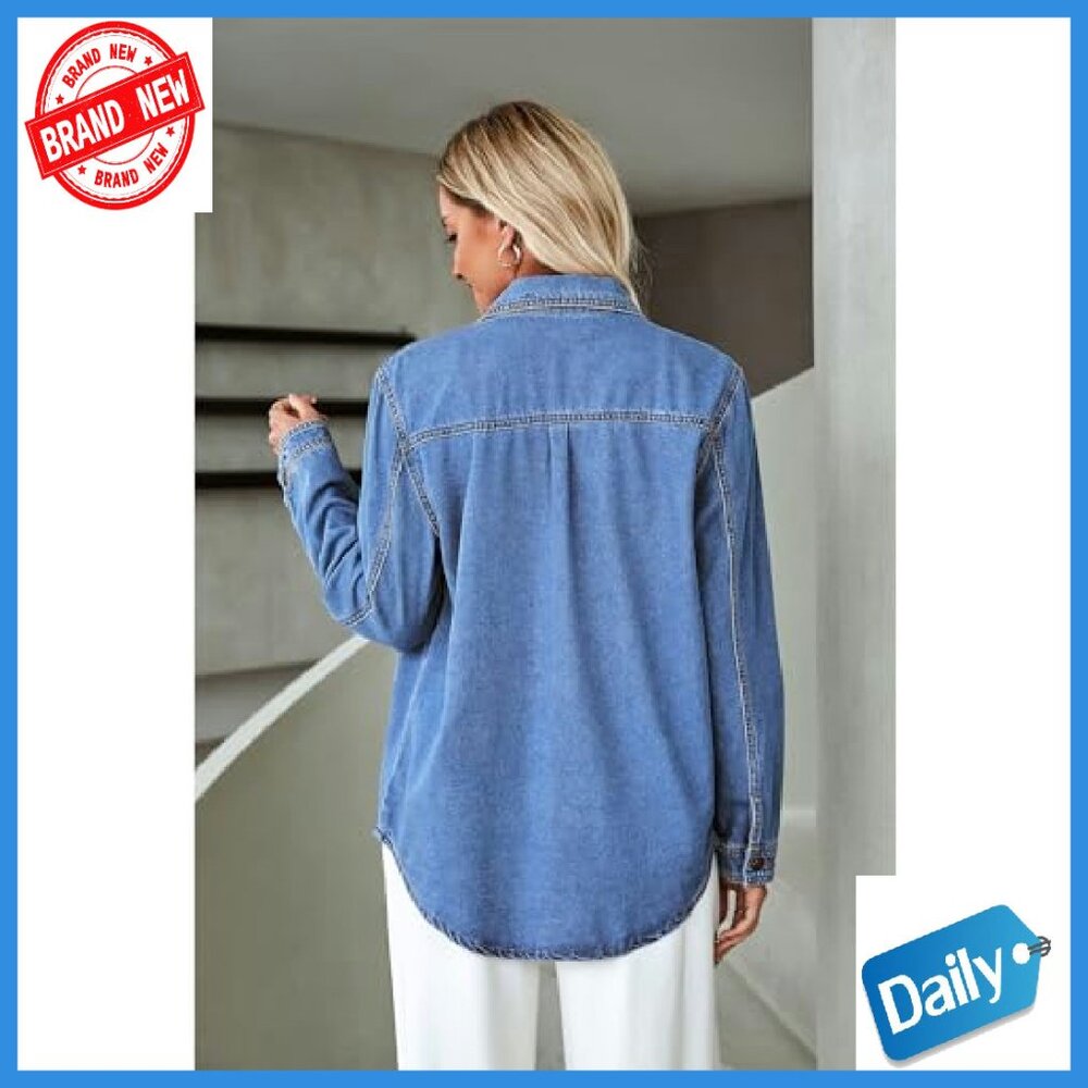 Denim Shacket Button Down Jacket with Pockets Rel… - image 3